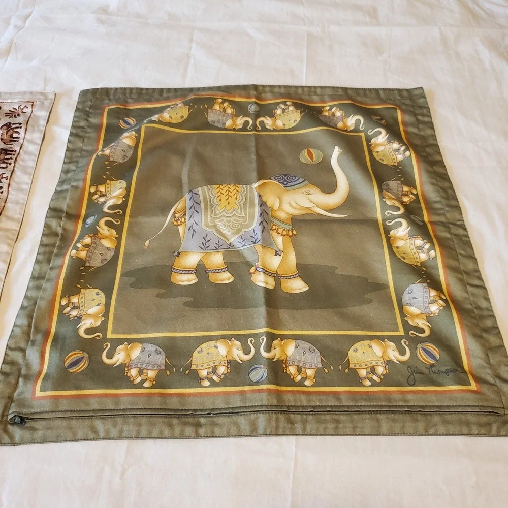 Jim Thompson Thai Elephant Pillow Covers Set of 2 Red Olive Green 18x18 NWT